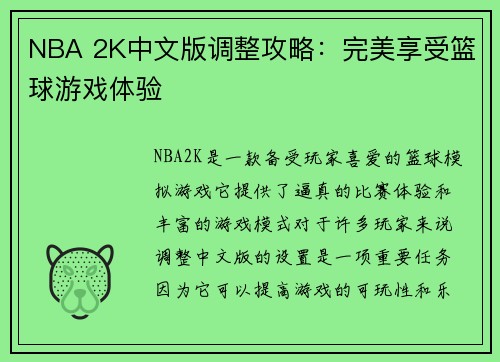 NBA 2K中文版调整攻略：完美享受篮球游戏体验