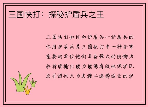 三国快打：探秘护盾兵之王